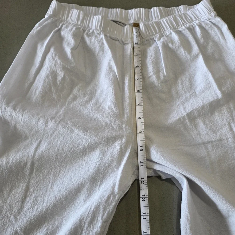 White Linen Blend Elastic Waist Straight Leg Casual Pants Mens Size Medium
